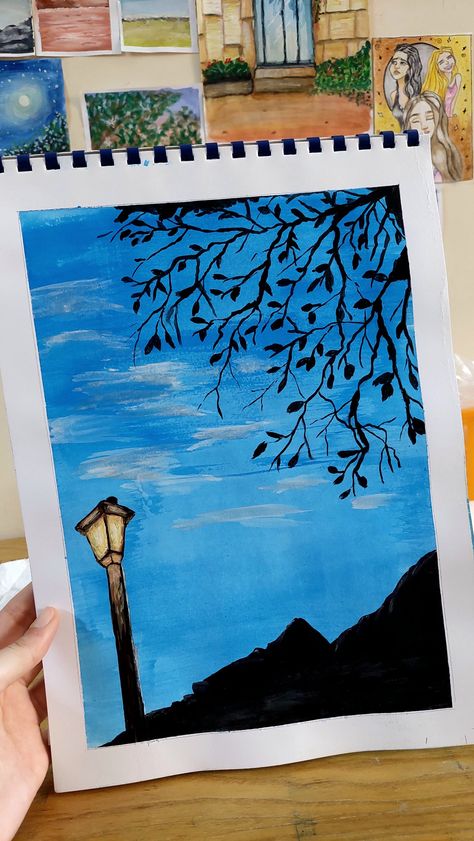 Lamppost .. Painted by acrylic #art #artist #acrylic #lamppost #sky #clouds #black Lamppost Painting, Circular Canvas Painting, Lamp Drawing, Circular Canvas, Black Lamp, Flowers Photography Wallpaper, Night Painting, Cute Easy Drawings, Photography Wallpaper