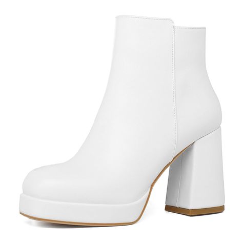 PRICES MAY VARY. [Main Material]: Upper:synthetic; Lining:textile; Outsole: antiskid and wear-resistant rubber. Thick heel square-toe ankle booties suitable for all seasons. [Approx Measurements]: Heel height: 3 1/2" / 9cm; Platform height: 0.8'' / 2cm; Shaft height: 4 1/2'' / 11cm; Shaft circumference: 11 1/2'' / 29cm enough wide to not be afraid of fat feet. Please refer to the product description page or contact us for more size information [Closure Type]: Platform chunky heel ankle boots wit Dress Overcoat, Office Suits, Block High Heels, Wedding High Heels, Chunky Ankle Boots, White Ankle Boots, Chunky Heel Ankle Boots, Mid Heel Shoes, Boots Square Toe