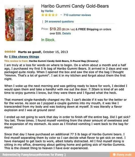 May have found a bigger fan of gummi bears than me Funny Reviews, Funny Amazon Reviews, Gummi Bears, Amazon Reviews, Memes Video, Gummy Bear, Gummy Bears, Gummy Candy, Funny Pics