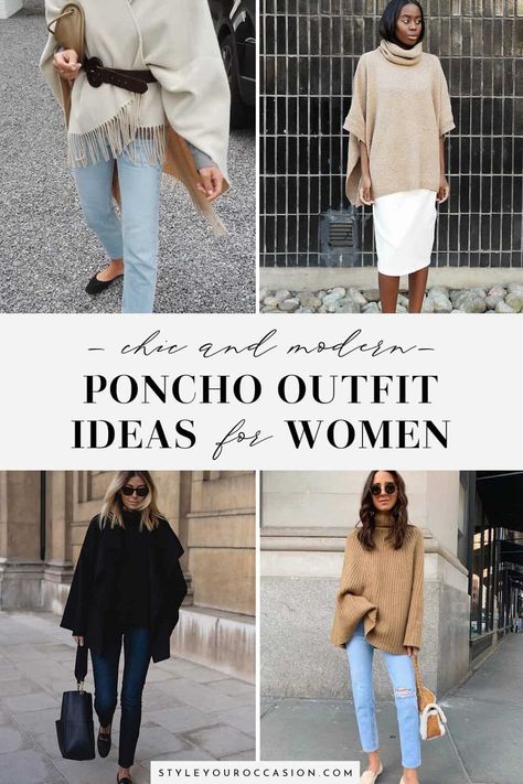 Looking for poncho outfit ideas as you transition from summer into fall and winter? Get inspiration for chic and modern (2022) poncho fashion for women. Get gorgeous ideas for knit, cashmere, or wool poncho outfits and look like you just walked off the runway! Women’s Poncho Outfit, Poncho With Belt Outfit, Cashmere Poncho Outfit Chic, Poncho With Dress Outfits, Poncho Over Dress, Pancho Outfit Women, Styling Poncho Outfit, Outfits With Ponchos Winter, How To Wear Ponchos Outfits Fall