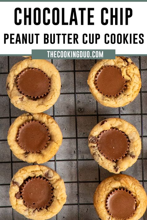 Warm, chewy chocolate chip cookie cups filled with melty peanut butter goodness. The perfect bite-sized treat! Chocolate Chip Cookie With Reeses In The Middle, Chocolate Chip Peanut Butter Cups, Chocolate Chip And Reeses Cup Cookies, Reeses Peanut Butter Cups Gift Ideas, Mini Reeses Pieces Cookies, Reese’s Peanut Butter Cup Stuffed Chocolate Chip Cookies, Reeces Cup Cookie, Cookie With Peanut Butter Cup, Reese’s Chocolate Chip Cookies