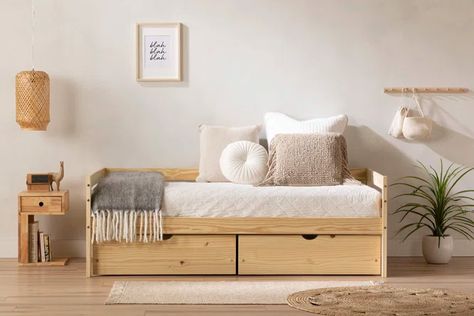 South Shore Sweedi Twin Solid Wood Daybed With Storage Drawers Natural Wood | Wayfair Best Daybeds, Drawers On Wheels, Underbed Storage Drawers, Underbed Storage, Wood Daybed, Daybed With Storage, Bed Shelves, Daybed With Trundle, Trundle Bed