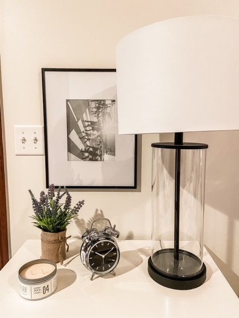 Nightstand With Lamp, Hang A Picture, Picture On The Wall, Small Clock, Nightstand Decor, Side Lamps, Hanging Pictures, Bedroom Inspo, Picture Wall