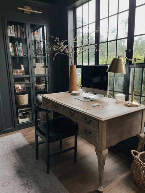 Dark Bedroom Office, Vintage Desk Home Office, Office With Antique Desk, Antique Desk Home Office, Office With Vintage Desk, Antique Home Office Ideas, Moody Office Desk, Dark Victorian Office, Small Office With Fireplace