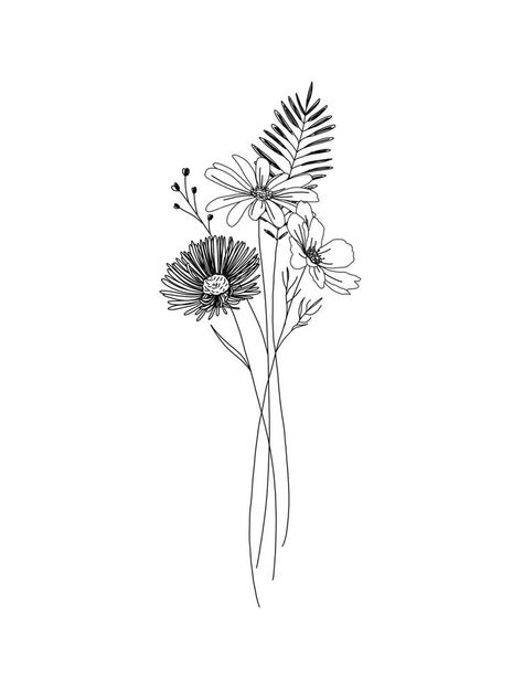 Daisy Sweet Pea, Drawing Tattoo Design, Line Drawing Flower, Floral Line Drawing, Line Drawing Tattoos, Girl Arm Tattoos, Wildflower Tattoo, Floral Tattoos, Birth Flower Tattoos