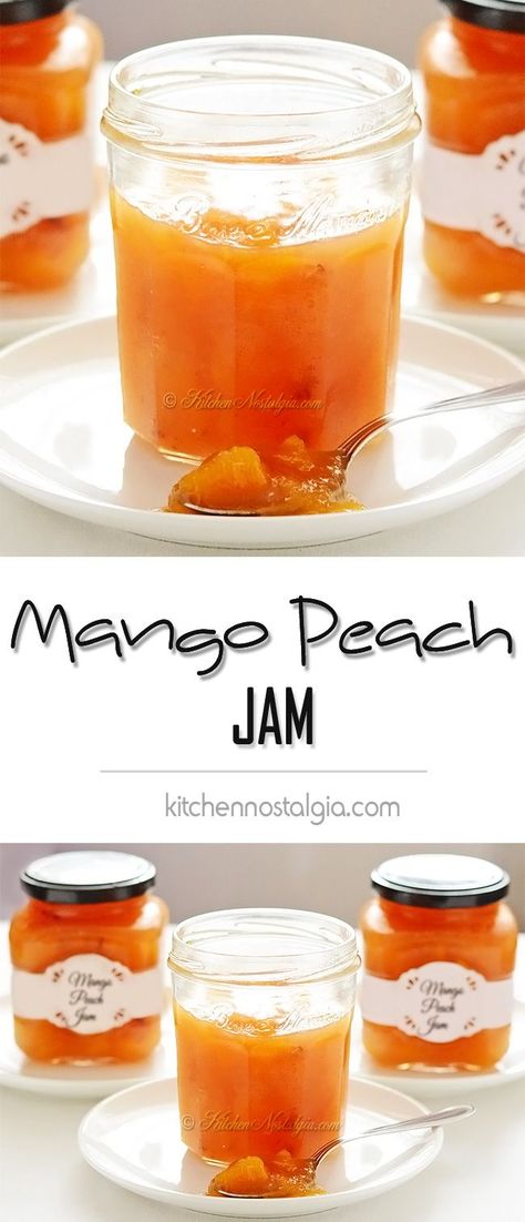 Mango Peach Jam - preserve peaches by combining them with mangoes and turning into a delicious jam - kitchennostalgia.com Preserve Peaches, Jam Flavors, Jam And Jelly Recipes, Jelly Maker, Peach Jam Recipe, Mango Jam, Canned Foods, Canning Jam, Homemade Jelly