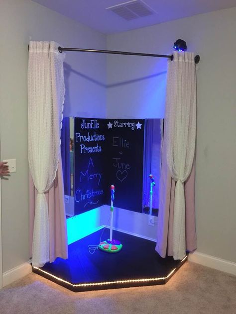 Basement Karaoke Room, Diy Theatre Stage, Diy Theater Stage, Kids Stage In Playroom, Diy Stage For Kids, Diy Stage Platform, Kids Play Stage, Kids Stage Design, Classroom Stage