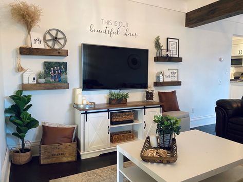 Things To Go Under Mounted Tv, Living Room Floating Shelves Around Tv Farmhouse, Modern Farmhouse Living Room Wall Decor Around Tv, Entryway Ideas Pictures, Floating Shelves On Sides Of Tv, Rustic Living Room Shelves, Decorate Wall Around Tv, Over Tv Decor Ideas, Shelf Above Tv Decor