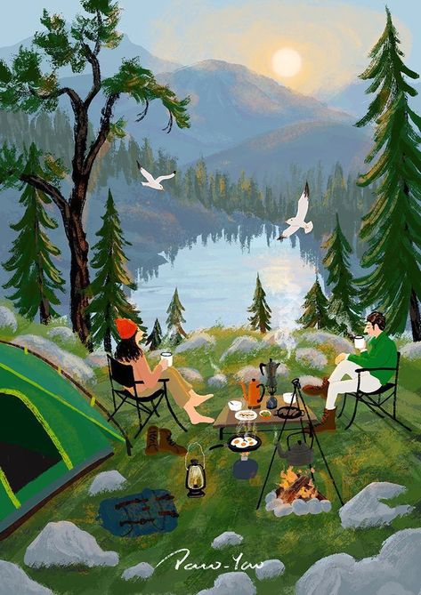 Storybook Art, Wow Art, Camping Art, Dreamy Art, Whimsical Art, Scenery Wallpaper, Cute Illustration, 그림 그리기, Campfire