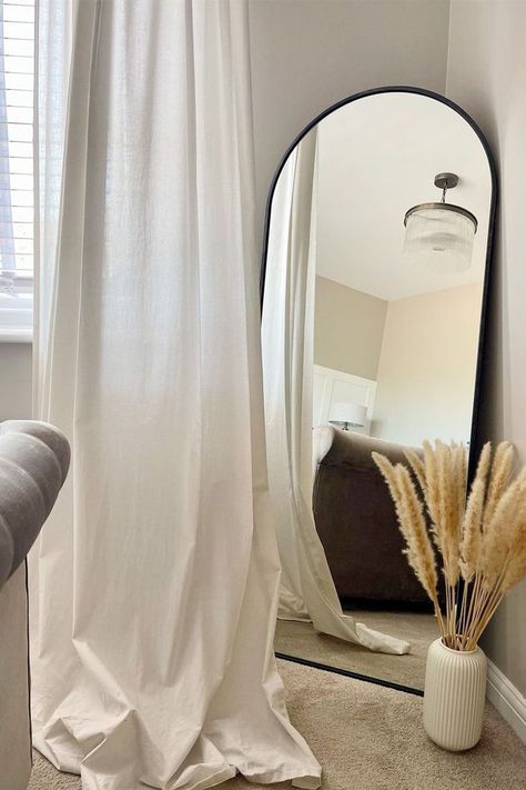 White Layered Curtains, Curtains With Mirror, Curtains Puddled On Floor, Puddle Curtains, How To Drape Curtains, Puddled Curtains, White Flowy Curtains Bedroom, Narror Arch Mirror, Curtains Inspiration