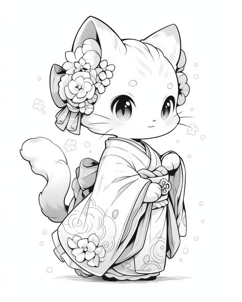 Fantasy Coloring Pages For Adults Unique, Japanese Coloring Pages, Cat Kimono, Coloring Pages For Adults Unique, Flower Relief, People Pleasers, Cat Coloring Pages, Pumpkin Tattoo, Dragon Coloring