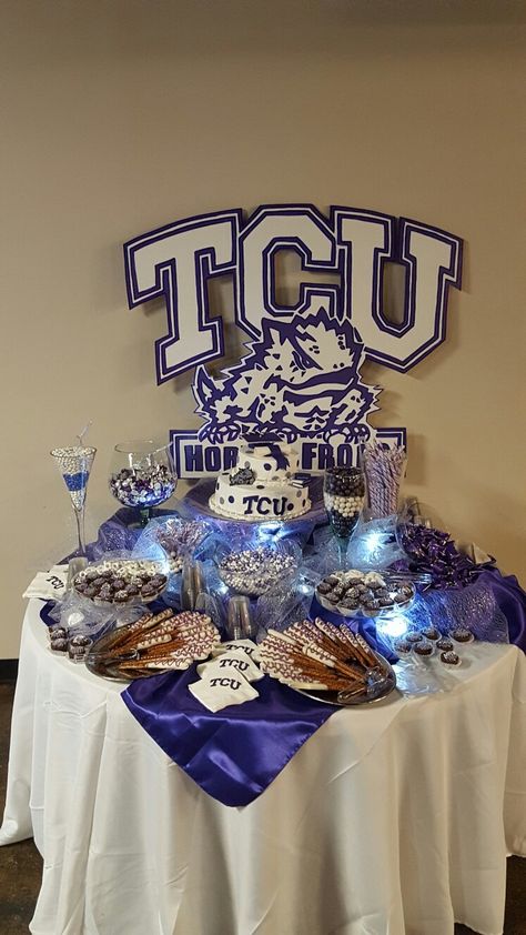 TCU Dessert Table Tcu Party Decorations, Tcu Graduation Party, Tcu Party, Trunk Party Ideas College, College Signing Day, Dessert Table Graduation, Party Captions, Horned Frog, Graduation Desserts