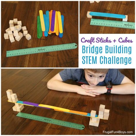 Bridge Building STEM Challenge with Craft Sticks and Wooden Cubes - Frugal Fun For Boys and Girls Building Bridges Stem For Kids, Stem Bridge Building Challenge, Bridge Building Stem Activities, Bridge Stem Challenge, Stem Bridges, Craft Sticks, Stem Challenge, Ice Cream Stick, Wooden Cubes