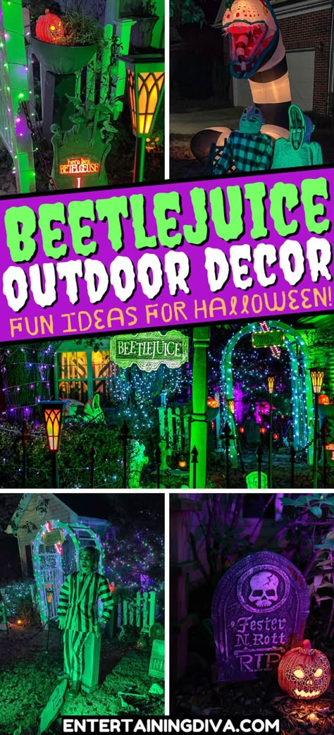 Beetlejuice Outdoor Decor Ideas For Your Halloween Yard | Halloween Beetlejuice House, Creepy Candles, Halloween Juice, Outdoor Decor Ideas, Beetlejuice Halloween, Diy Halloween Decor, Ideas For Halloween, Halloween Inflatables, Spooky Halloween Decorations