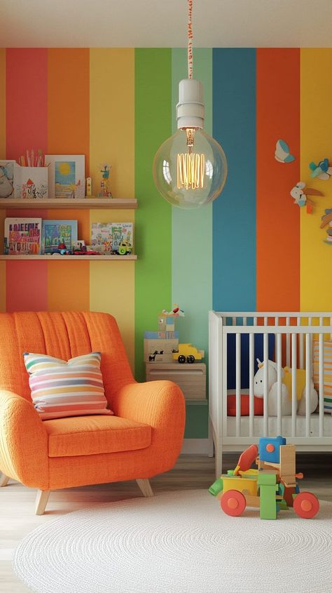 Colorful gender-neutral nursery with rainbow stripes, bright toys, orange armchair, and playful decor, perfect for any child. Colorful Twin Nursery, Bold Color Nursery Ideas, Somewhere Over The Rainbow Nursery, Simple Colorful Nursery, Colourful Baby Room, Colorful Boy Nursery, Nursery Ideas Colorful, Lime Green Nursery, Eclectic Baby Nursery