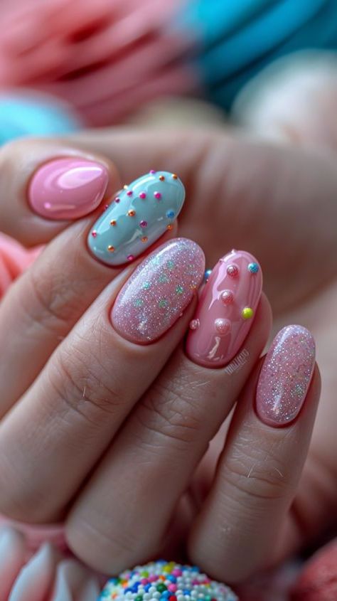 Experience a delightful getaway with our Pink Nails: Candy-themed assortment! From tempting lollipops to mouthwatering candies, these nail patterns are sure to appease your cravings for sweetness. Embrace the whimsical allure of candy-coated nails and infuse a hint of sugary charm into your look. Let your nails gleam with sugary bliss and immerse yourself in the enchanting realm of confectionery chic. #PinkNails #NailArt Sweets Nail Art, Sprinkles Nail Art, Lollipop Nail Art, Sugar Cookie Nails, Pink Candy Nails, Candy Charm Nails, Sprinkle Nails, Candy Nails, Sugar Nails