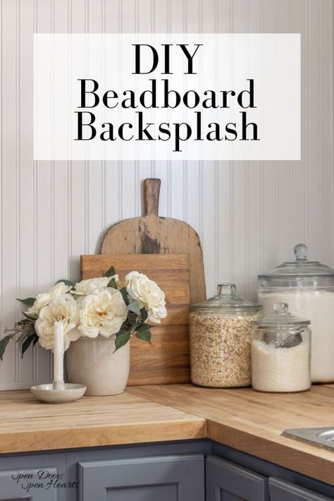 How to Install Beadboard Backsplash in the Kitchen | Cottage Charm - Open Doors Open Hearts Cottage Backsplash Kitchen, Beadboard Backsplash Open Shelving, Bead Board Backsplash Kitchen Ideas, Cheap Kitchen Backsplash Ideas, Kitchen Beadboard Backsplash, Sink Wall Decor, Painted Beadboard Backsplash Kitchen, Beadboard Backsplash Kitchen Open Shelves, Quartz And Beadboard Backsplash