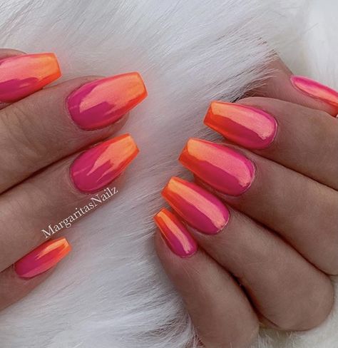 Ombré Chrome, Ombre Chrome Nails, Orange Ombre Nails, Bling Nail Art, Spring Break Nails, Pink Chrome Nails, Chrome Nails Designs, Coral Nails, Pink Ombre Nails