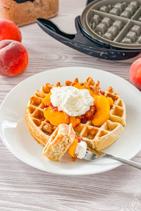 Peaches and Cream Waffles Fresh Peach Cobbler, Mom Kitchen, Belgian Waffle Maker, Breakfast Specials, Peach Crisp, Waffles Recipe, Make Breakfast, Waffle Toppings, Peaches And Cream