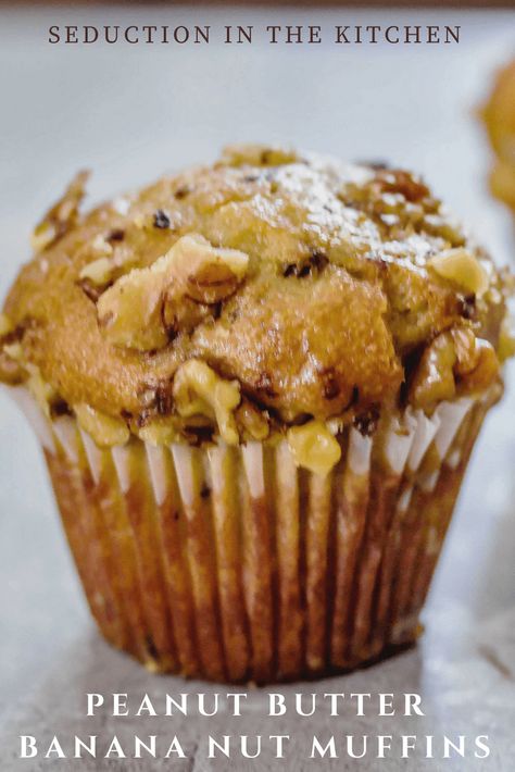 Peanut Butter Banana Nut Muffins title Banana Nut Recipes, Moist Banana Nut Muffins, Best Muffin Recipe, Banana Chocolate Chip Cookies, Peanut Butter Muffins, Nut Muffins, Peanut Butter Banana Muffins, Banana Nut Muffins, Fruit Salad Easy