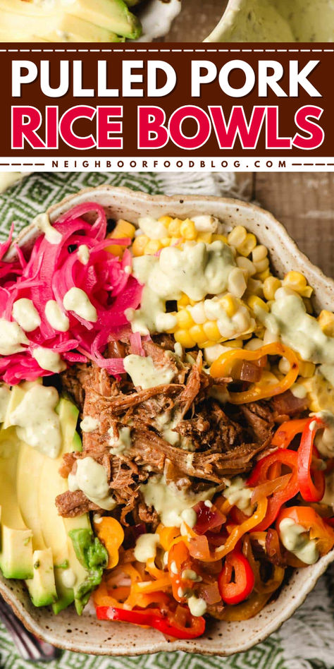 Transform your leftovers with these easy Pulled Pork Rice Bowls!

Made with our fabulous slow cooker pulled pork, these bowls are loaded with fresh vegetables, sweet corn, pickled veggies, and a creamy avocado dressing for a satisfying meal that’s packed with flavor. Mojo Pork Rice Bowl, Pork Shredded Recipes, Leftover Pulled Pork Recipes Keto, Pulled Pork Salad Bowl, Pork Protein Bowl, Bbq Pork Bowls, Pork Bowls Mexican, Gluten Free Pulled Pork Slow Cooker, Pulled Pork Dinner Ideas Healthy