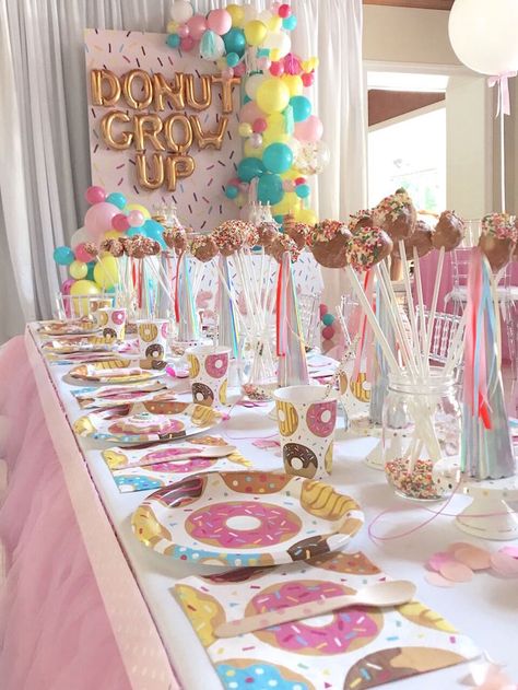 Donut partyware from a "Donut" Grow Up 1st Birthday Party on Kara's Party Ideas | KarasPartyIdeas.com (13) 100 Day Of School Lunch Ideas, Donut Grow Up, Donut Party Food Ideas, Sweet 6 Birthday Party Ideas, Donut Themed Birthday Party Decorations, Double Birthday Party Ideas, 1st Birthday Sweet One, 1st Birthday Girl Party Ideas, Donut Party Ideas