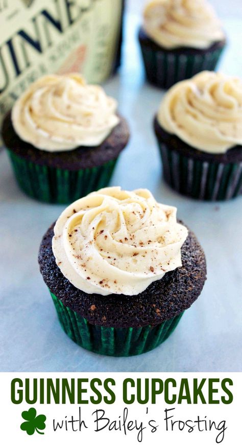 Guinness Cupcakes With Bailey’s Frosting Recipe Baileys Frosting Recipe, Cupcake Board, Guinness Recipes, Crazy Cupcakes, Guinness Cupcakes, St Patties, Fancy Cupcakes, St Patricks Day Food, St Paddys