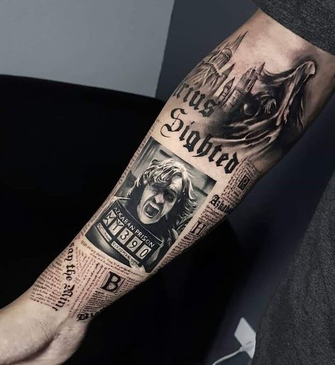 Harry Potter Leg Sleeve, Harry Potter Tattoos Sleeve, Hogwarts Tattoos, Newspaper Tattoo, Harry Potter Sleeve, Harry Potter Tattoo Sleeve, Rip Tattoos For Mom, Tattoo Harry Potter, Hogwarts Tattoo