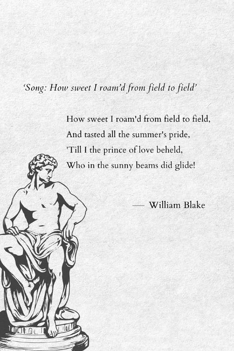 William Blake's poem 'Song: How Sweet I Roam’d from Field to Field' is part of his collection Songs of Innocence and Experience. The poem reflects Blake's exploration of innocence, experience, and the contrast between a simple, natural existence and the more corrupt, materialistic world.  Visit our website to read more! ✨  #WilliamBlake #PoetryAnalysis #InnocenceAndExperience #LiteraryExploration #NatureAndReality #RomanticPoetry #MustRead #DeepThoughts #Poems #Poetry #Poetrycommunity William Blake Poetry, Black Poems, Blake Poetry, William Blake Poems, Songs Of Innocence, Poem Analysis, Poetry Analysis, Bitter Truth, Poet Quotes