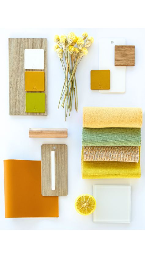 The protagonists of this office moodboard are citrus fruits. Bright and subtle tones that invigorate and bring vitality. Combine them with woods and the whites to achieve a workspace full of creativity and motivation. #actiu #officemoodboard #officemoodboardinterior #officemoodboardinteriordesign #moodboardinteriordesign Citrus Interior Design, Contemporary Style Interior, Mood Board Interior, Office Materials, Material Board, Minimalist Office, Citrus Fruits, Interior Design Mood Board, Mood Board Design