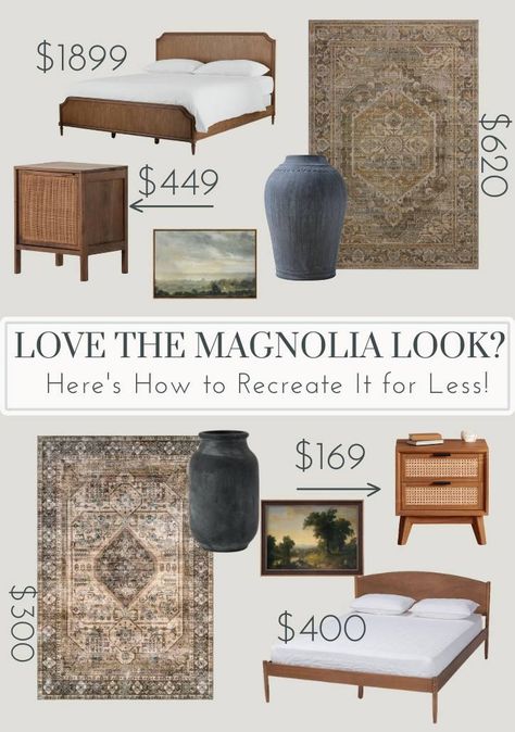 Magnolia Homes Bedroom, Diy Moss Wall Art, Diy Moss Wall, Magnolia Bedroom, Magnolia Rugs, Cement Table, Diy Moss, Affordable Bedroom, Natural Bedroom