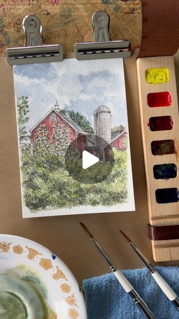 Leslie Stroz on Instagram: "Stormy sky and a red barn 🤍  . . . I just visited my mother in the childhood home where I was raised. This nearby barn was part of the landscape of my youth and I’ve always felt particularly drawn to it. There is a great romance to American barns that speaks of dreams and hard work. I love drawing and painting them. . . . . #lineandwash #watercolor #barn #inkdrawing #americanbarns #americana #redbarn #barnpainting #lesliestrozart #lesliestroz #pegandawl #rosemaryandco" Watercolor Barn Paintings, Barn Watercolor Painting, Barn Watercolor, Watercolor Barns, American Barn, Stormy Sky, I Love Drawing, Barn Painting, My Youth