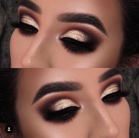 Bold Glitter Eye Look | Smokey Eye makeup | Black Brown Gold Eye shadow  #eyemakeup #eyebrows  Pin: @amerishabeauty Eye Makeup Black, Gold Eye Shadow, Make Up Gold, Bold Eye Makeup, Gold Eye Makeup, Glitter Eye Makeup, Glitter Eye, Gold Eyeshadow, Beauty Make-up