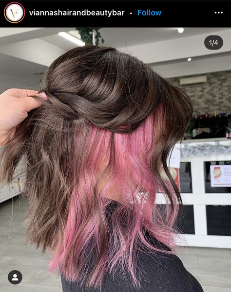 Lower Hair Dyed, Light Pink Underneath Hair Dark Brown, Fun Hidden Hair Color Ideas, Light Brown Hair With Pink Highlights Underneath, Under Neath Hair Color Ideas, Layered Colored Hair Dyes, Short Hair With Dyed Underneath, Medium Brown Hair With Peekaboo Color, Hot Pink Underneath Hair Brown