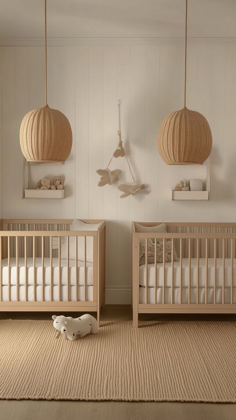 Neutral twin nursery room with soft natural decor and woven pendant lights, featuring wooden cribs and cozy textures. Twin Nursery Gender Neutral, Twin Nursery Room, Twin Boys Nursery, Twin Girls Nursery, Nursery Design Neutral, Nursery Themes Neutral, Neutral Nurseries, Twin Nursery, Nursery Designs