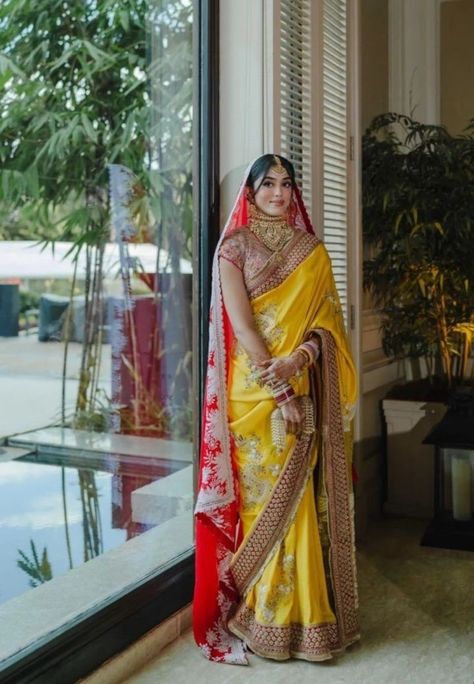 Yellow And Red Wedding Saree, Bihari Saree Look, Kanjeevaram Bride, Yellow Saree Look, Bihari Bride, Yellow Sari, Red Saree Wedding, Keep Smile, Best Indian Wedding Dresses