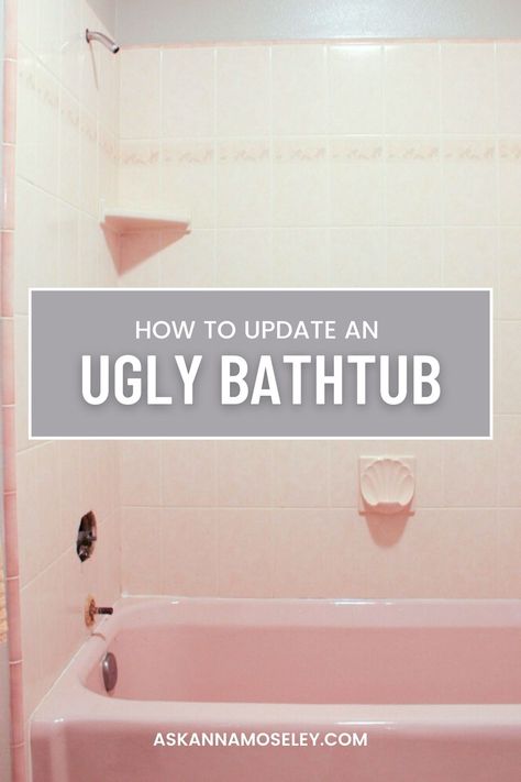 When we moved in our bathtub was pink! See how I update an ugly bathtub and make it fabulous! You won't believe the before & after pictures! Cheap Bathtub Remodel, Bathtub Refinishing Diy, Redoing Bathtub, Cheap Tub Remodel, Painting A Bathtub Diy, How To Replace A Bathtub, Bathtub Replacement Ideas, Old Bathroom Shower Makeover, Tub Upgrade Diy