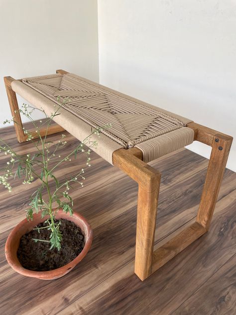 Macrame Bench, Apartment Registry, Pool Pavillion, Bench Minimalist, Woven Coffee Table, Minimalist Bench, Entryway Remodel, Modern Entryway Bench, Cottage Entryway