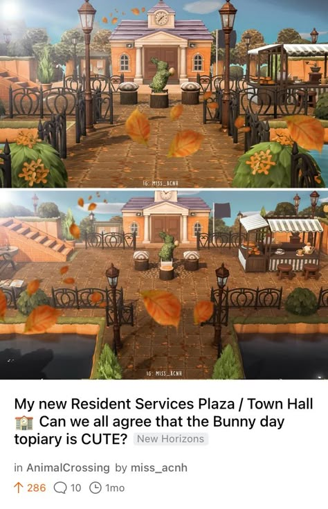 Animal Crossing Town Center Ideas, Acnh Island Town Hall Ideas, Town Hall Ideas Animal Crossing, Acnh Resident Services Design Fall, Acnh Town Hall Plaza Ideas, Town Hall Animal Crossing Ideas, Acnh Plaza Design Ideas, Animal Crossing Town Hall Ideas, Acnh Town Hall