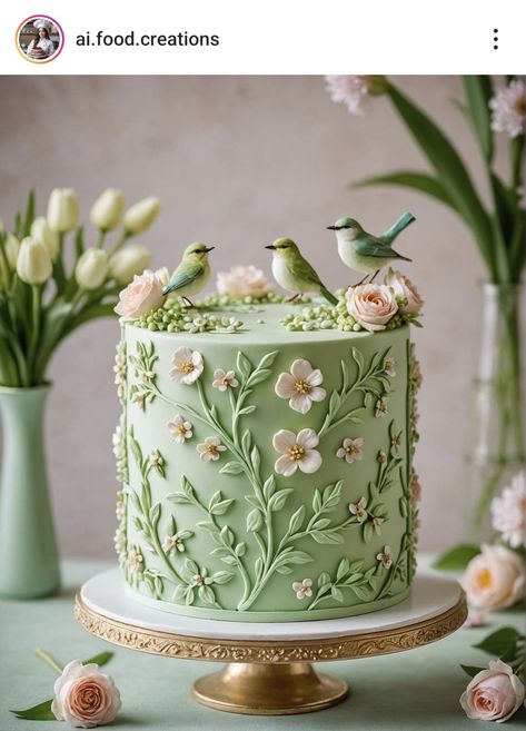 Bird Themed Birthday Cake, Plants Cake Design, Bird Cake Ideas, Nature Birthday Cake, Pastel Green Cake, Bird Cake Design, Spring Theme Cake, Floral Garden Cake, Cake With Birds