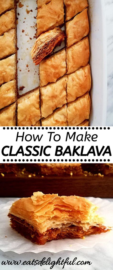 Pin for baklava photo overhead and side photo Baklava Easy Recipe, Sourdough Baklava, Greek Baklava Recipe Traditional, Almond Baklava Recipe, Walnut Baklava Recipe, Baclavale Recipes Easy, Baklava Recipe Greek, How To Make Baklava, Baklava Recipe Traditional