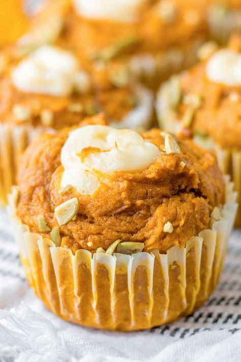 Moist pumpkin muffins with a sweet cream cheese filling - you're going to love this easy recipe to make Starbucks' famous pumpkin muffins at home! Pumpkin Muffins With Cream Cheese Starbucks, Pumpkin Cream Cheese Muffins Starbucks, Starbucks Pumpkin Muffins, Pumpkin Cream Recipe, Starbucks Pumpkin Cream Cheese Muffins, Moist Pumpkin Muffins, Pumpkin Cream Cheese Pie, Pumpkin Cream Cheese Muffins, Cream Cheese Pie