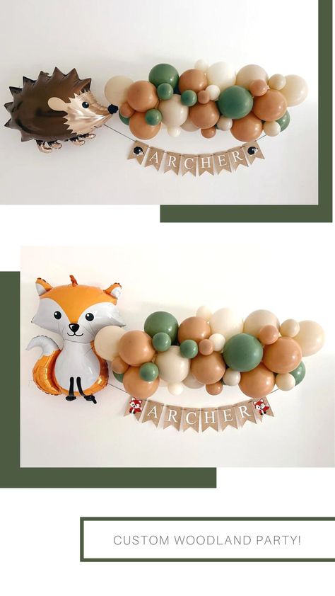 Forest Animals Decorations, Woodland Birthday Decor, Forest Animal Themed Birthday Party, Forest Animals Party, Forest Birthday Theme, Woodland Balloons, Fox Themed Birthday Party, Autumn Birthday Theme, Woodland Birthday Party Decorations