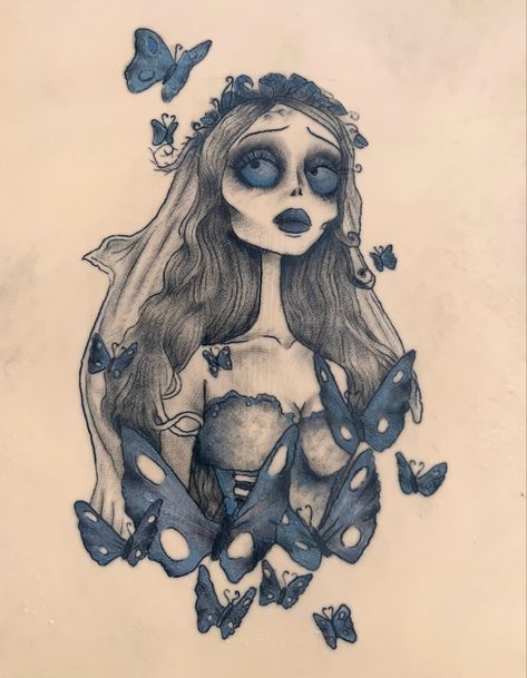 Corpse Bride Portrait Tattoo, Tim Burton Art Ideas, Emily Corpse Bride Butterfly, Tom Burton Tattoos, Corpes Bride Tattoos, Scraps Tattoo Corpse Bride, The Art Of Tim Burton, The Corpse Bride Painting, Tim Burton Tattoo Designs