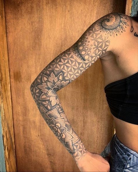 Fibanocci Spiral Tattoos, Bend Of Arm Tattoo, Under Bum Tattoo, Mandala Arm Tattoos, Mandela Tattoo, Arm Sleeve Tattoos For Women, Geometric Sleeve Tattoo, Dot Tattoos, Geometry Tattoo