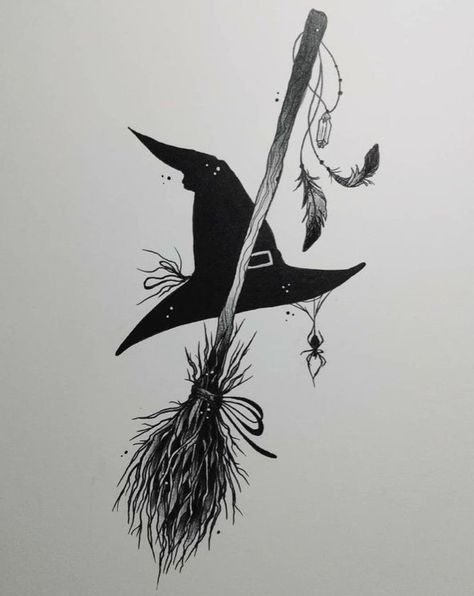 Witch Hat And Broom Tattoo, Witchy Drawings Art, Wiccan Drawings, Witches Tattoo, Witchcraft Tattoo, Witch Tattoos, It Tattoo, Wiccan Tattoos, Tato Henna