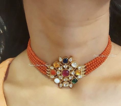 Beaded Necklace Indian Style, Corals Jewellery Indian, Coral Designs Jewellery, Coral Pearl Necklace, Pagadalu Chain Designs, Pagadalu Jewellery, Coral Beads Jewellery Indian, Coral Necklace Indian Gold, Beads Choker Necklace Indian