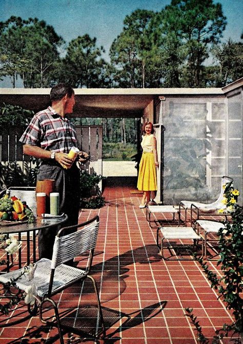 American Dream. Love this patio tile. 1950s Homes, Vct Tile, 50s Home, 1950s Decor, Vintage Patio, Mid Century Architecture, Retro Interior, Vinyl Tile, Floor Patterns