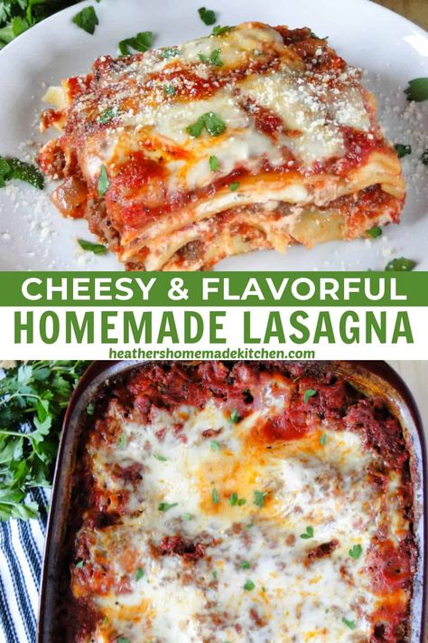 This Homemade Lasagna Recipe is a family favorite filled with sheets of pasta, a cheesy filling and an easy from scratch meat sauce. This recipe is easy, delicious and a huge crowd pleaser! Casseroles For Dinner, Pasta For Lunch, Homemade Lasagna Recipe, Easy Homemade Lasagna, Beef Lasagna Recipe, Family Friendly Dinner Recipes, Crock Pot Easy, Homemade Lasagna Recipes, Hotdish Recipes