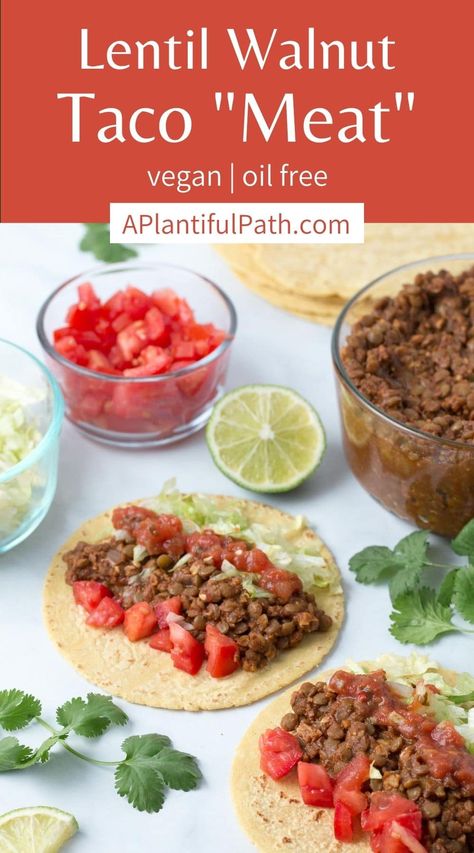 This Lentil Walnut Taco Meat is a delicious filling for your tacos, burritos, and more! Vegan, oil free, gluten free, and soy free, it's a great recipe for taco night! Lentil Quinoa Taco Meat, Vegan Walnut Taco Meat, Tofu Taco Meat, Walnut Taco Meat Vegan, Lentil Walnut Taco Meat, Lentil Mushroom Taco Meat, Vegan Freezer Meals, Taco Meat Recipes, Lentil Tacos